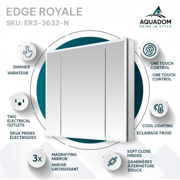 Aquadom ER3-3632N Edge Royale 36in x 32in x 5in LED Lighted Triple Door Medicine Cabinet