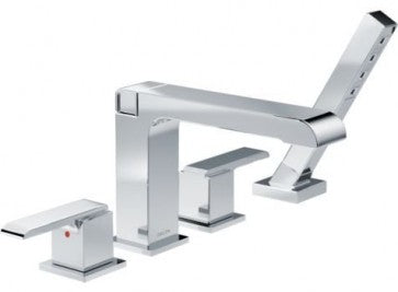Delta T4767 Chrome Ara Double Handle Roman Tub Faucet Trim with Hand Shower (Less Valve)