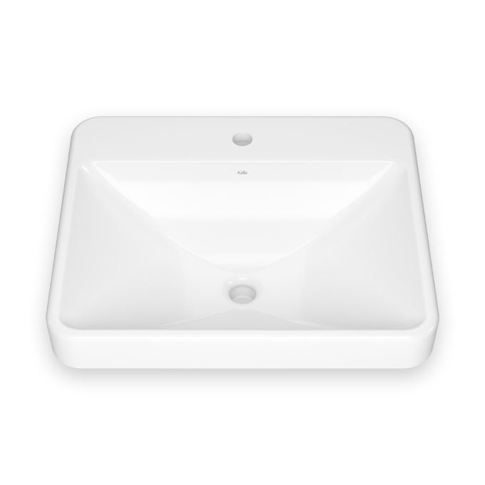 Kosla - Rectangular washbasin with curved bowl design and integrated faucet ledge - White gloss vitreous porcelain